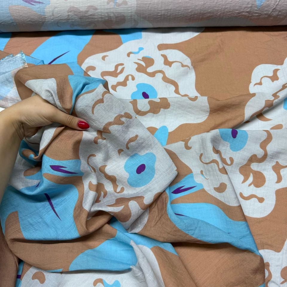 İpek Bambu Mango Şifon Kumaş Çift En Mavi Çiçek Desenli