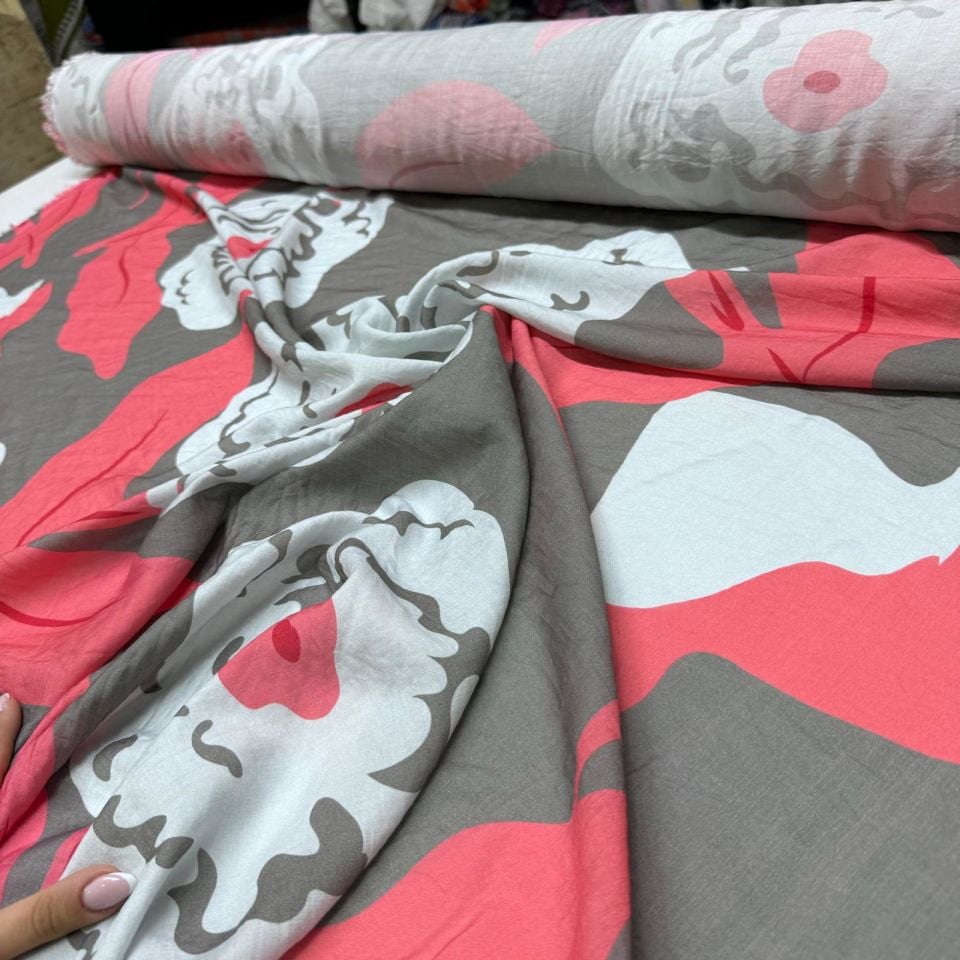 İpek Bambu Mango Şifon Kumaş Çiçek Desenli Nar Çiçeği renk Çift En