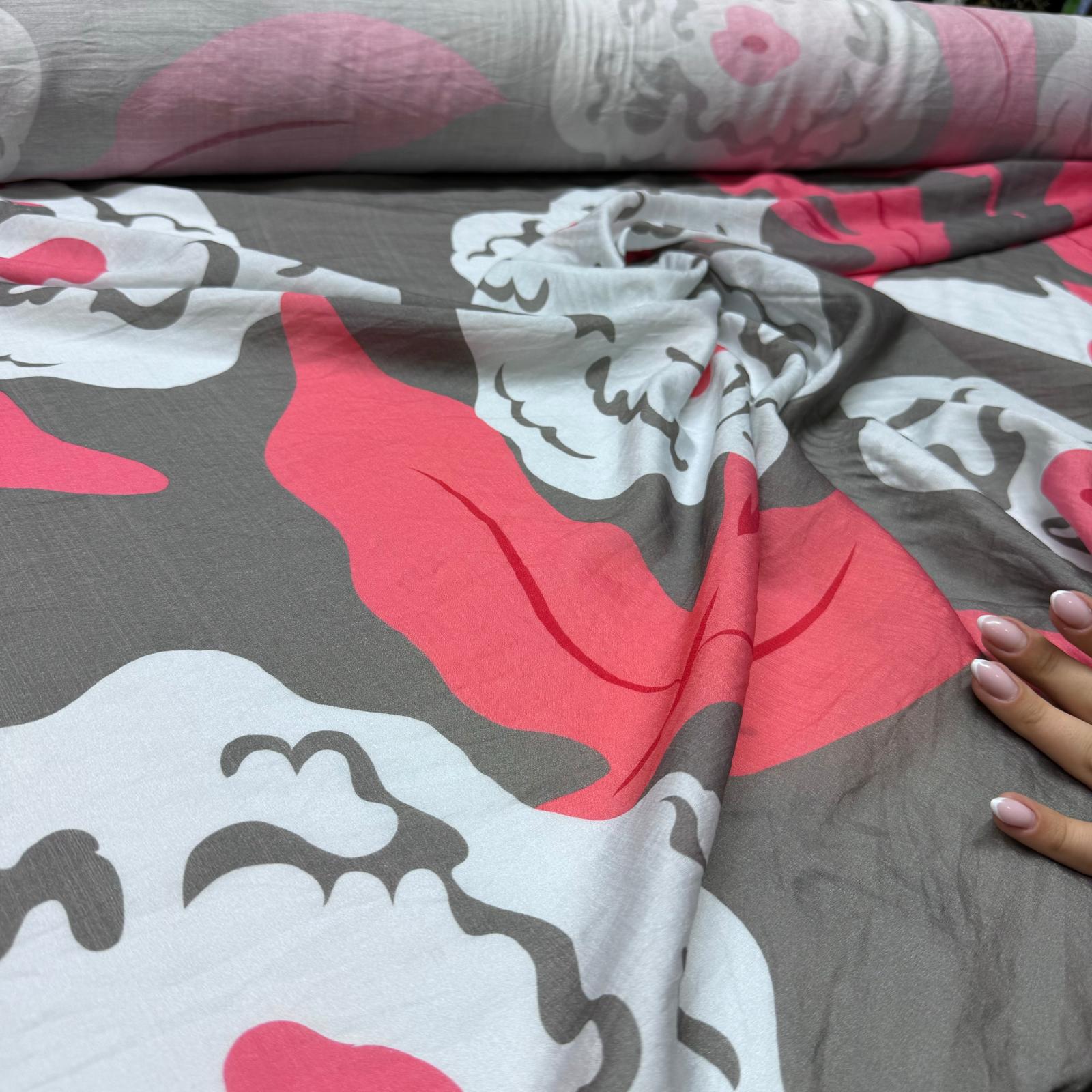 İpek Bambu Mango Şifon Kumaş Çiçek Desenli Nar Çiçeği renk Çift En