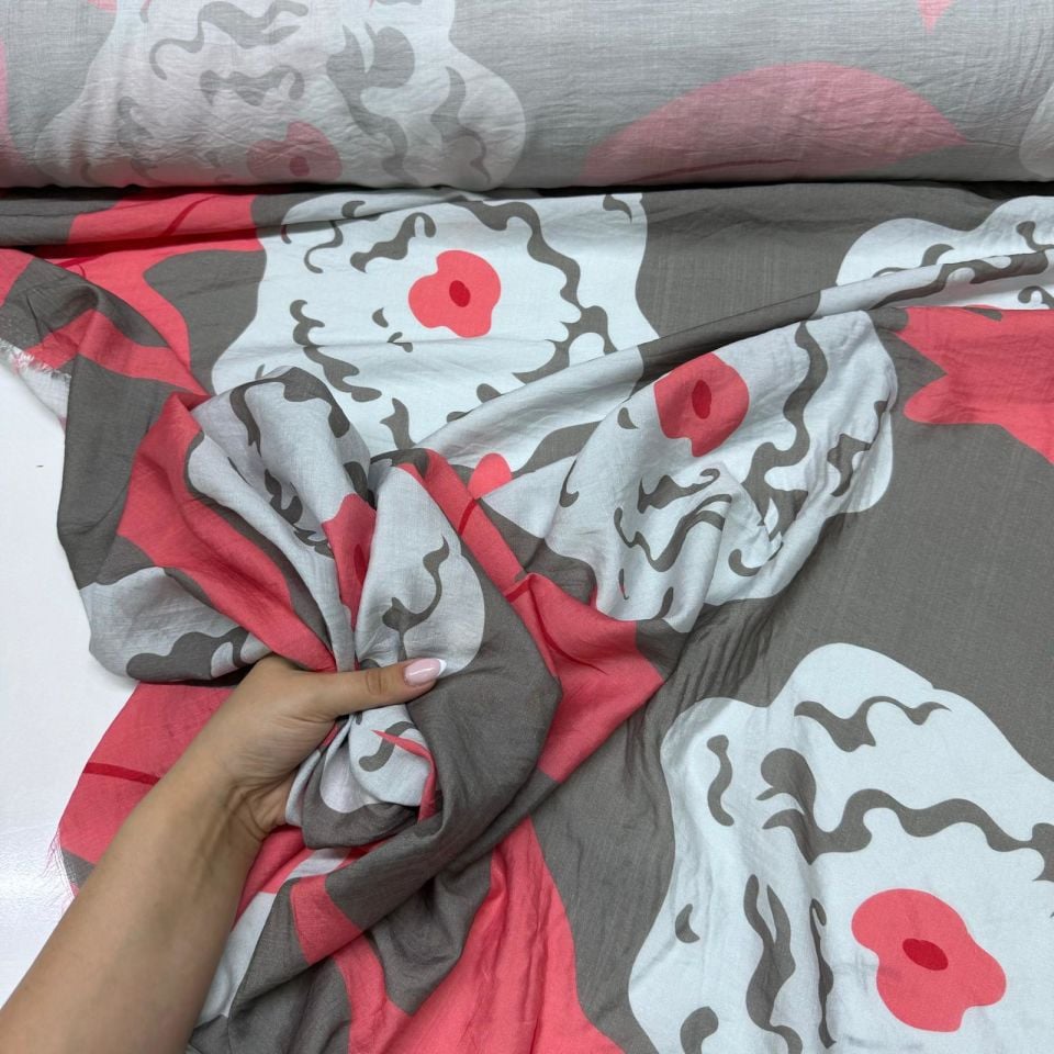 İpek Bambu Mango Şifon Kumaş Çiçek Desenli Nar Çiçeği renk Çift En