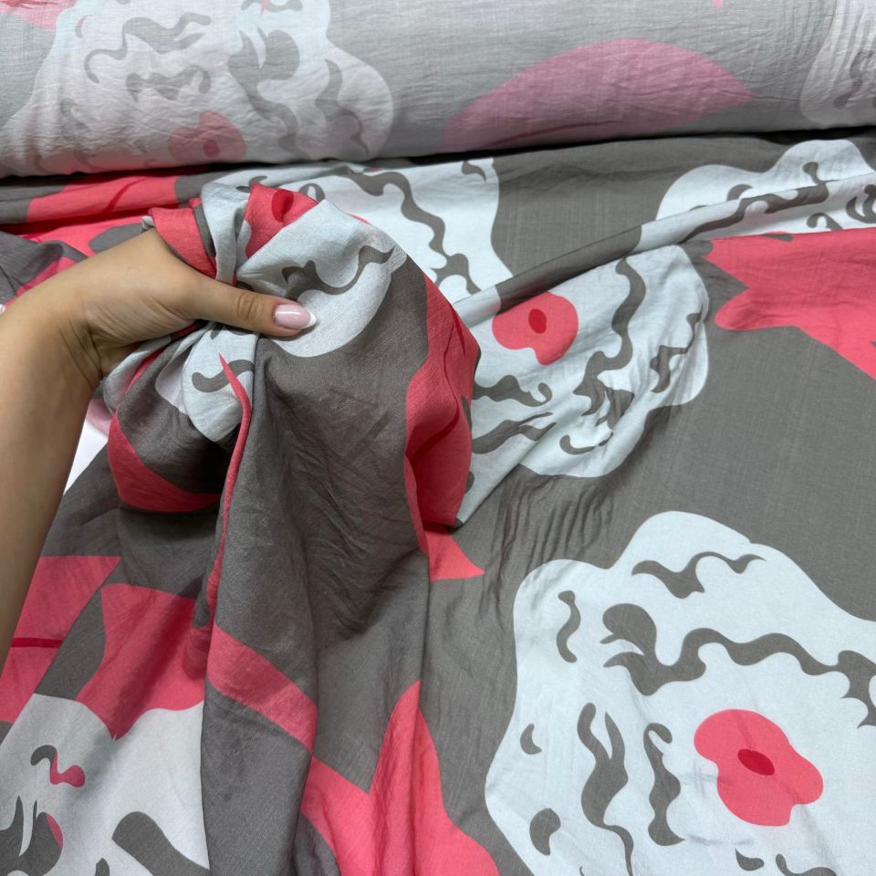 İpek Bambu Mango Şifon Kumaş Çiçek Desenli Nar Çiçeği renk Çift En