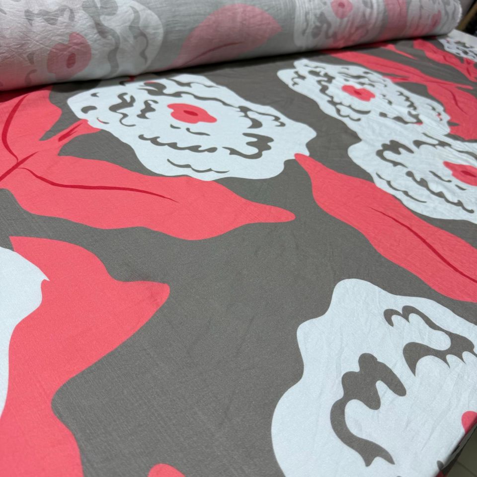 İpek Bambu Mango Şifon Kumaş Çiçek Desenli Nar Çiçeği renk Çift En