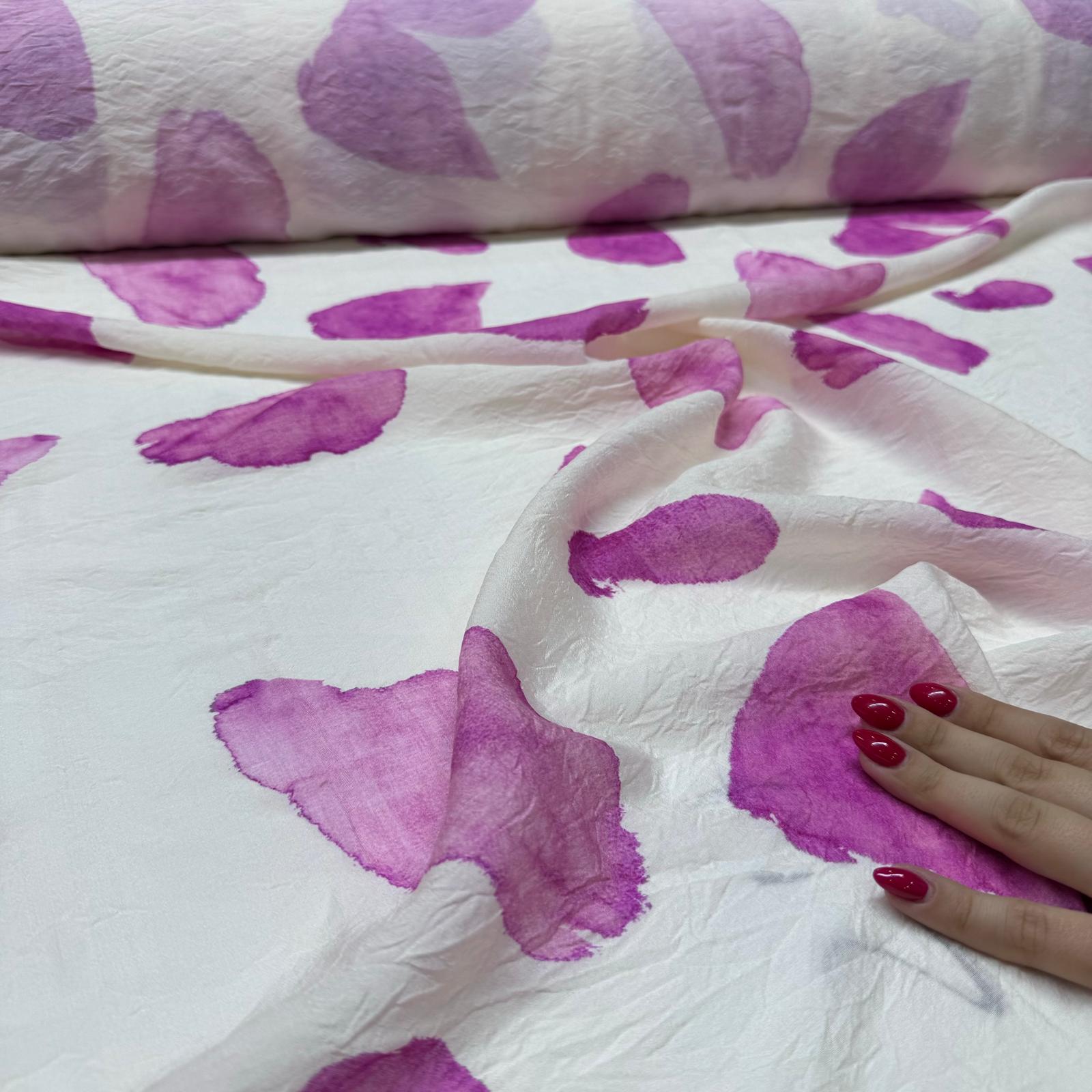 İpek Bambu Mango Şifon Kumaş Gül Yaprağı Desenli Pembe Renk