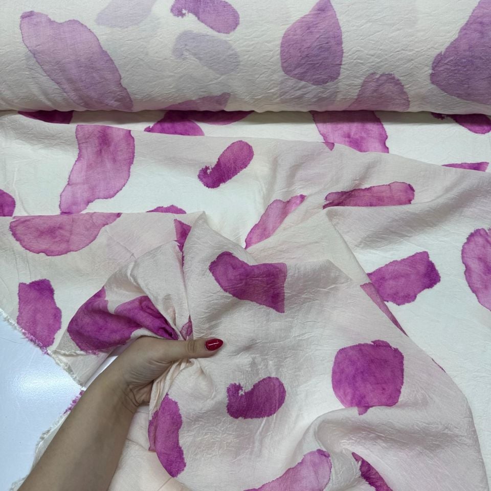 İpek Bambu Mango Şifon Kumaş Gül Yaprağı Desenli Pembe Renk