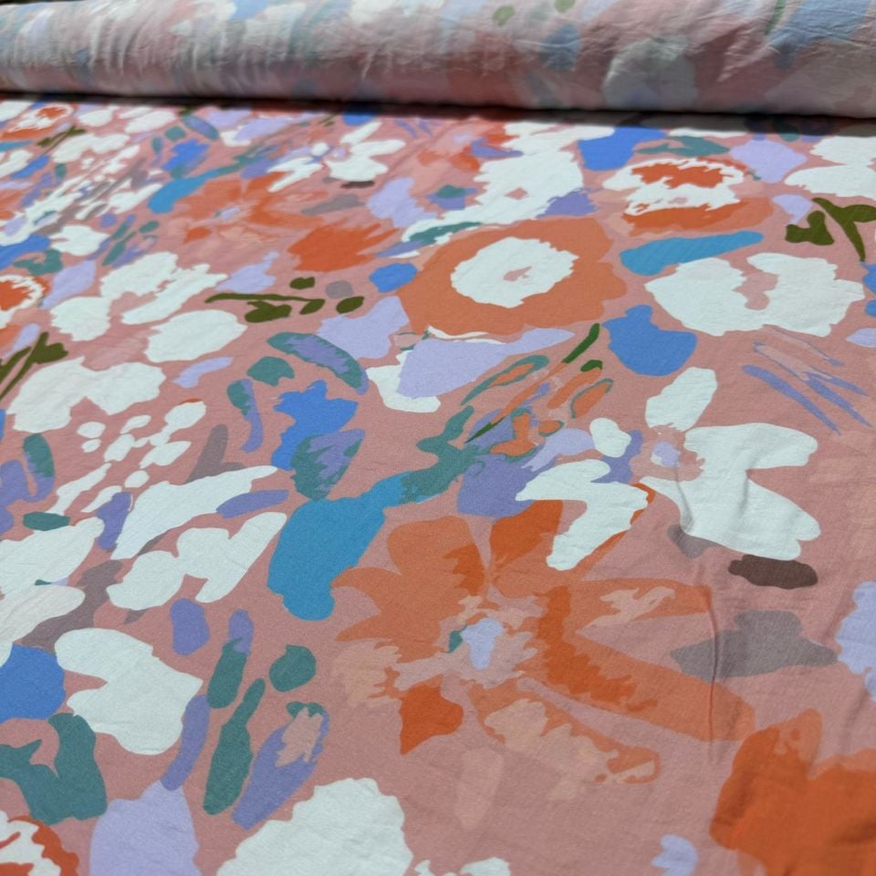 İpek Bambu Mango Şifon Kumaş Çift En Çiçek Desenli