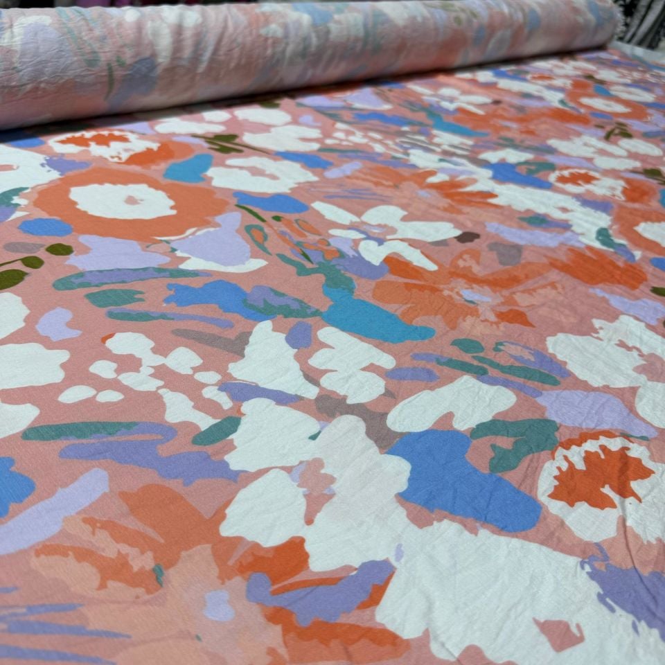 İpek Bambu Mango Şifon Kumaş Çift En Çiçek Desenli