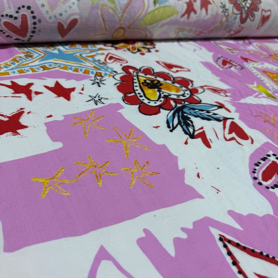 İpek Bambu Mango Şifon Kumaş Çiçek Desenli Kalpli Pembe Renk