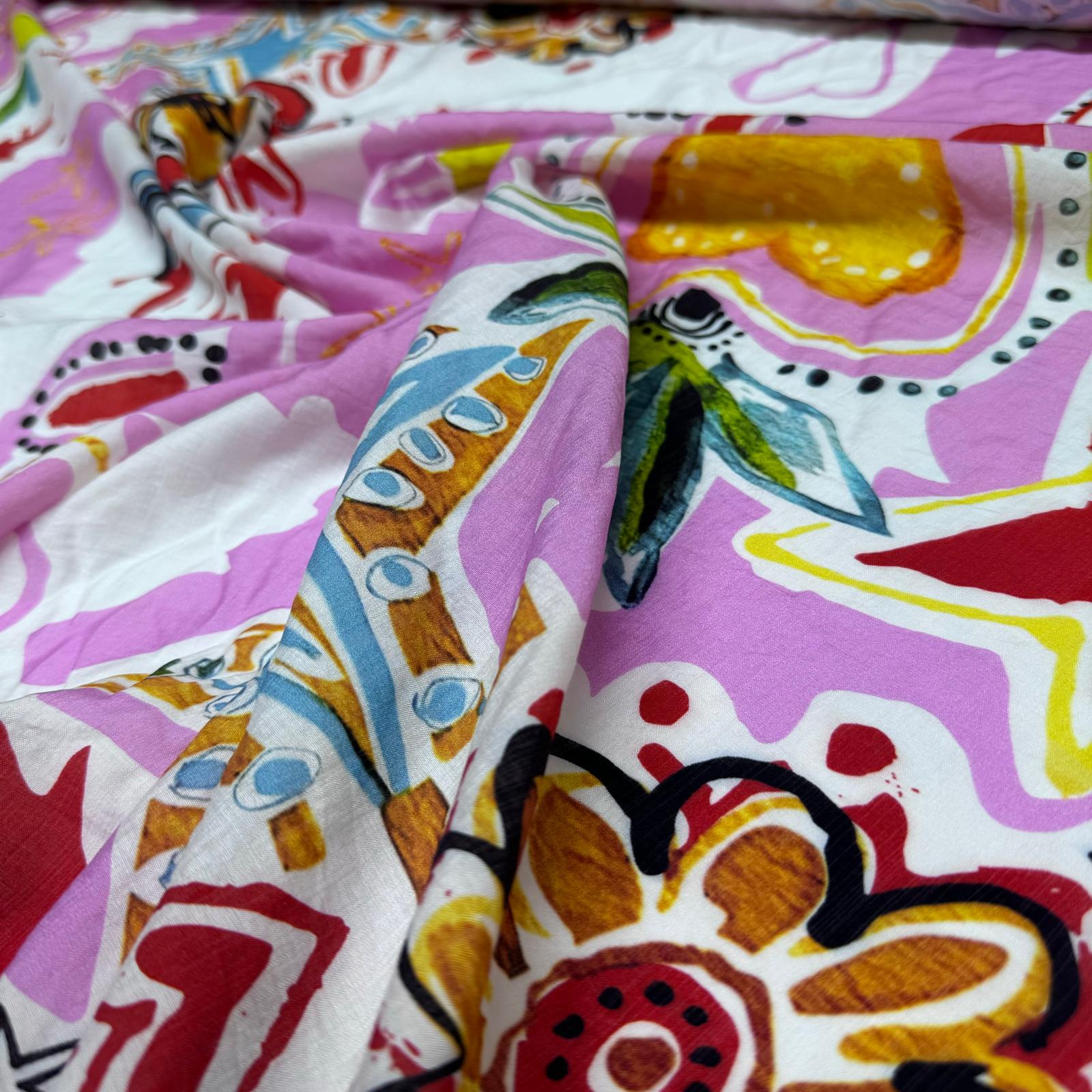 İpek Bambu Mango Şifon Kumaş Çiçek Desenli Kalpli Pembe Renk