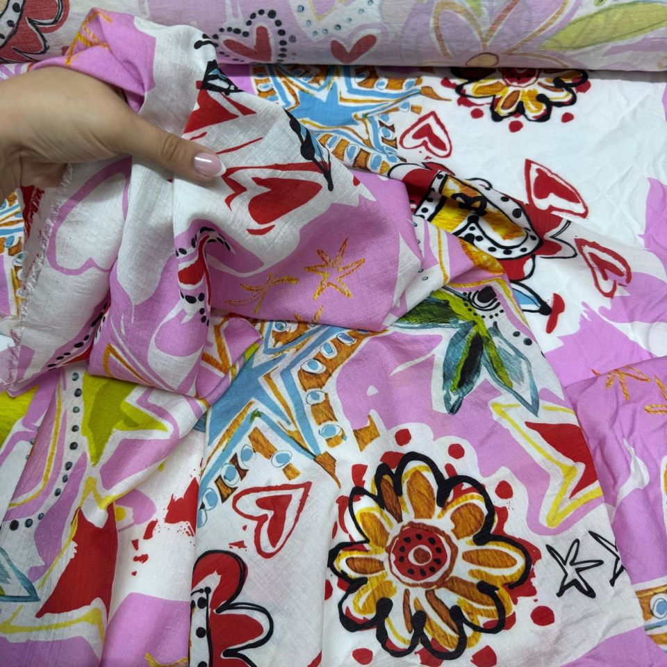 İpek Bambu Mango Şifon Kumaş Çiçek Desenli Kalpli Pembe Renk