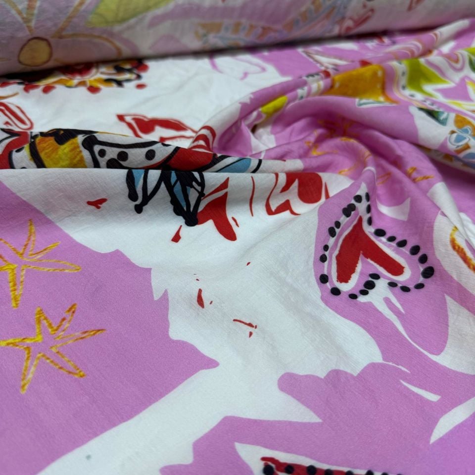 İpek Bambu Mango Şifon Kumaş Çiçek Desenli Kalpli Pembe Renk