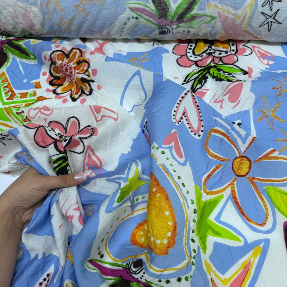 İpek Bambu Mango Şifon Kumaş Çiçek Desenli Kalpli Mavi Renk