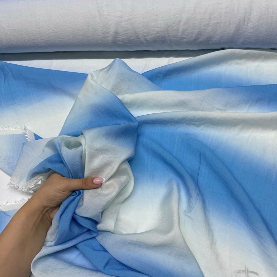 İpek Bambu Mango Şifon Kumaş Mavi Beyaz Geçişli Çift En