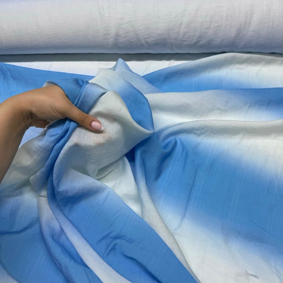 İpek Bambu Mango Şifon Kumaş Mavi Beyaz Geçişli Çift En