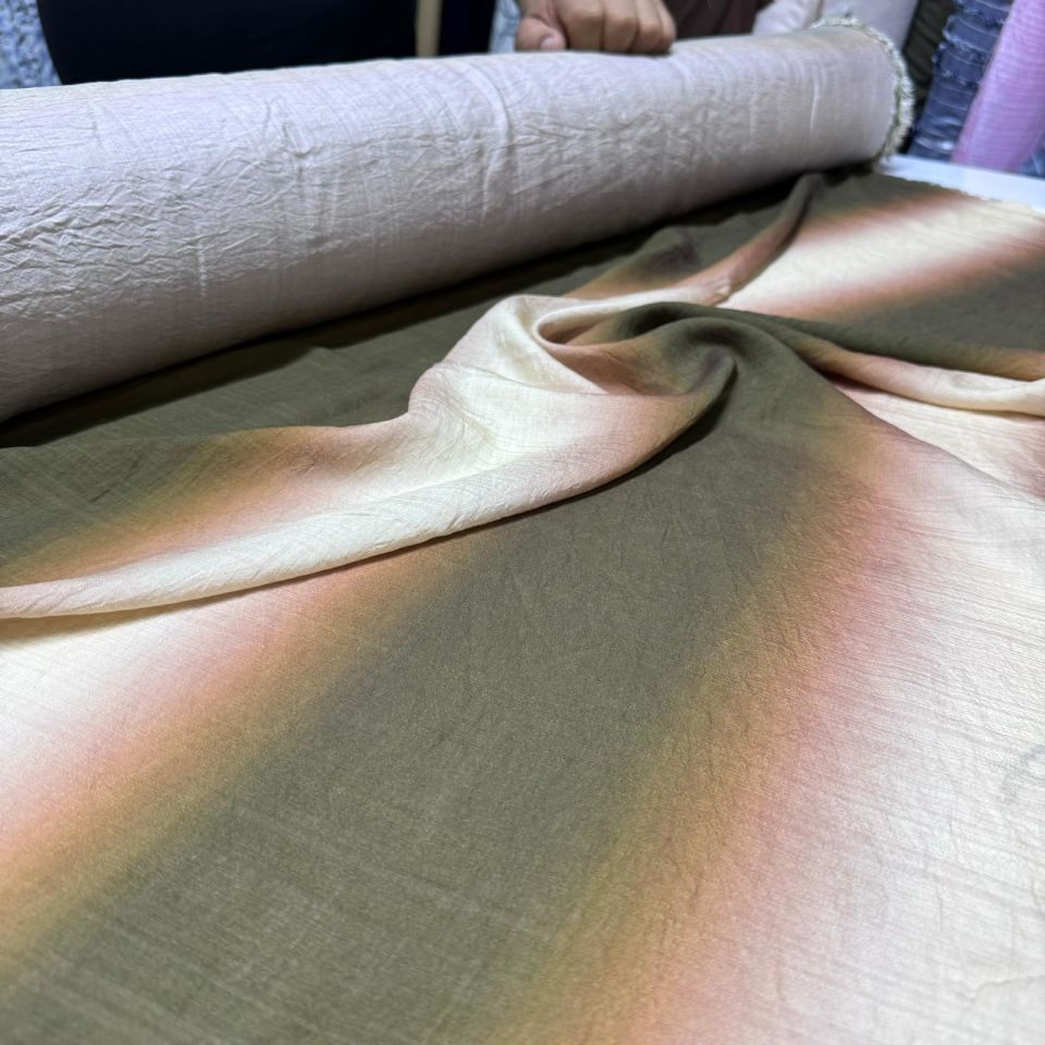 İpek Bambu Mango Şifon Kumaş Taba Haki Geçişli Çift En