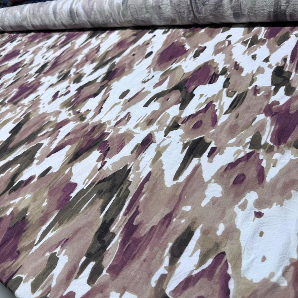 İpek Bambu Mango Şifon Kumaş Mürdüm Kahverengi Batik Desenli Çift En