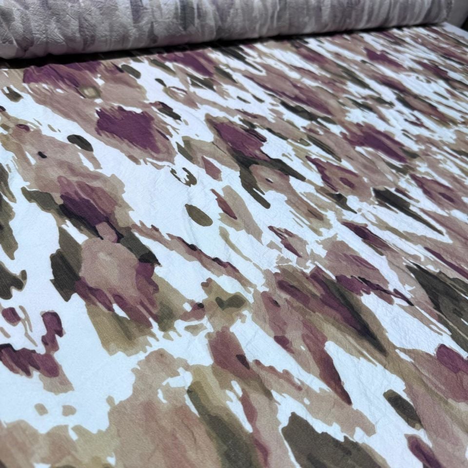 İpek Bambu Mango Şifon Kumaş Mürdüm Kahverengi Batik Desenli Çift En