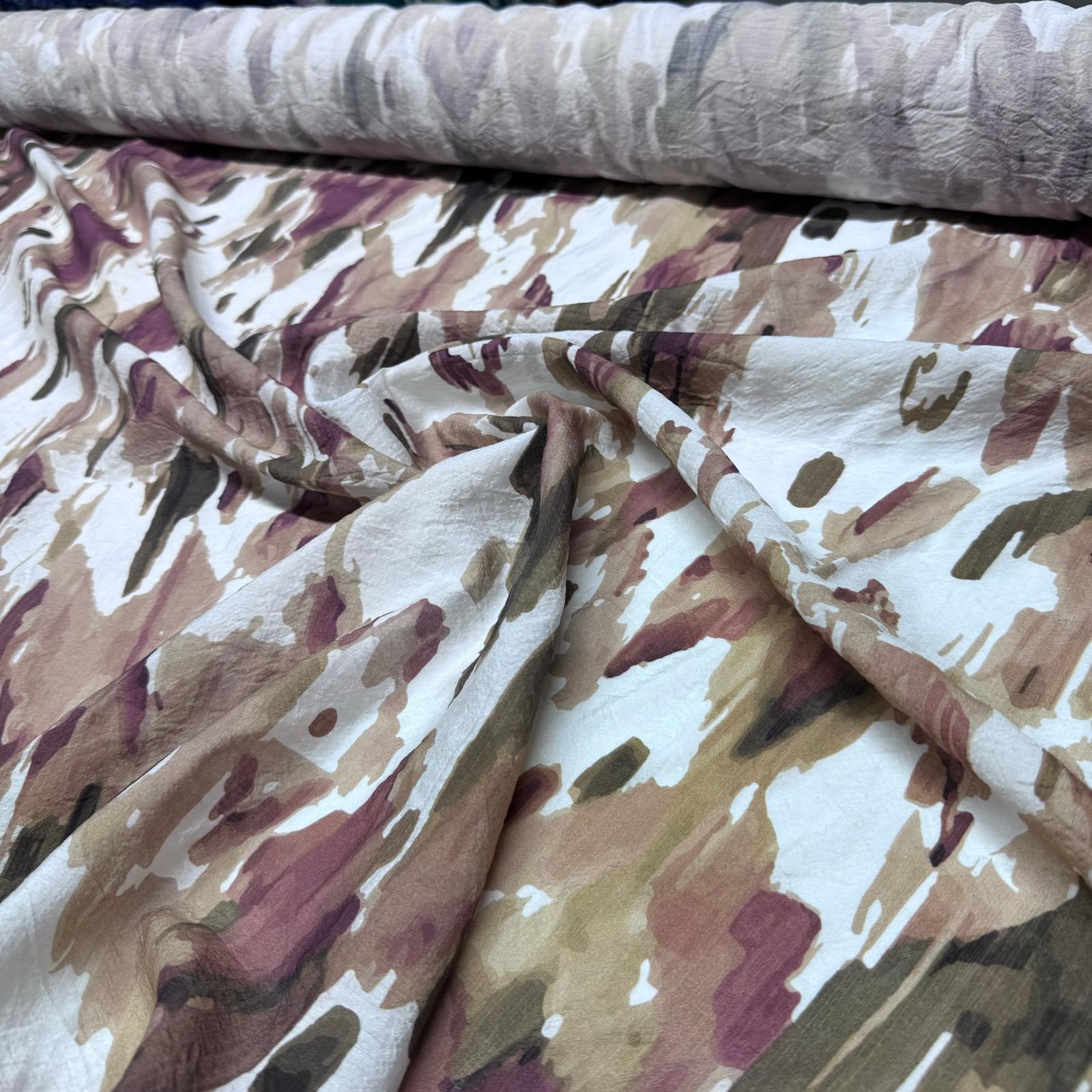 İpek Bambu Mango Şifon Kumaş Mürdüm Kahverengi Batik Desenli Çift En