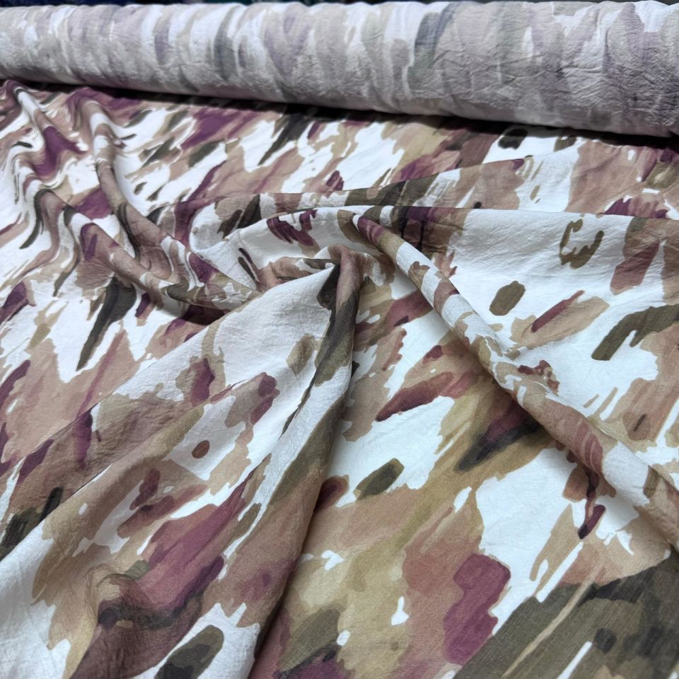 İpek Bambu Mango Şifon Kumaş Mürdüm Kahverengi Batik Desenli Çift En