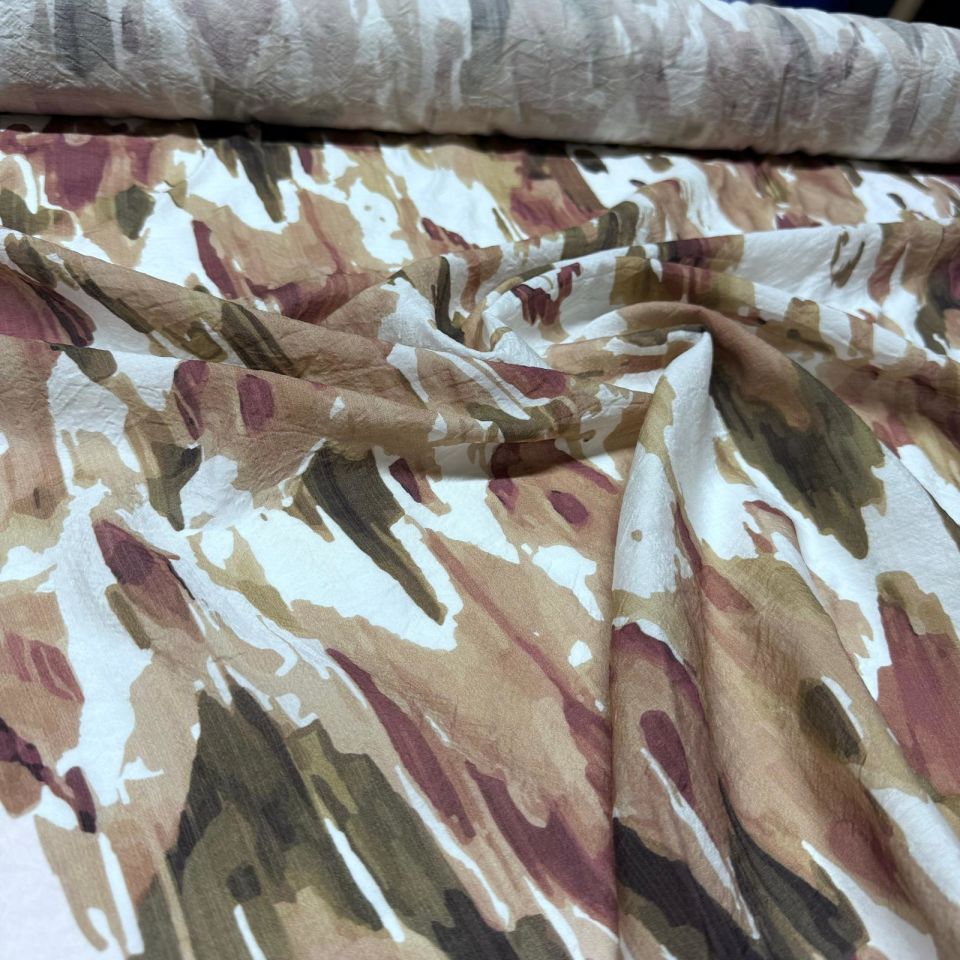 İpek Bambu Mango Şifon Kumaş Mürdüm Kahverengi Batik Desenli Çift En