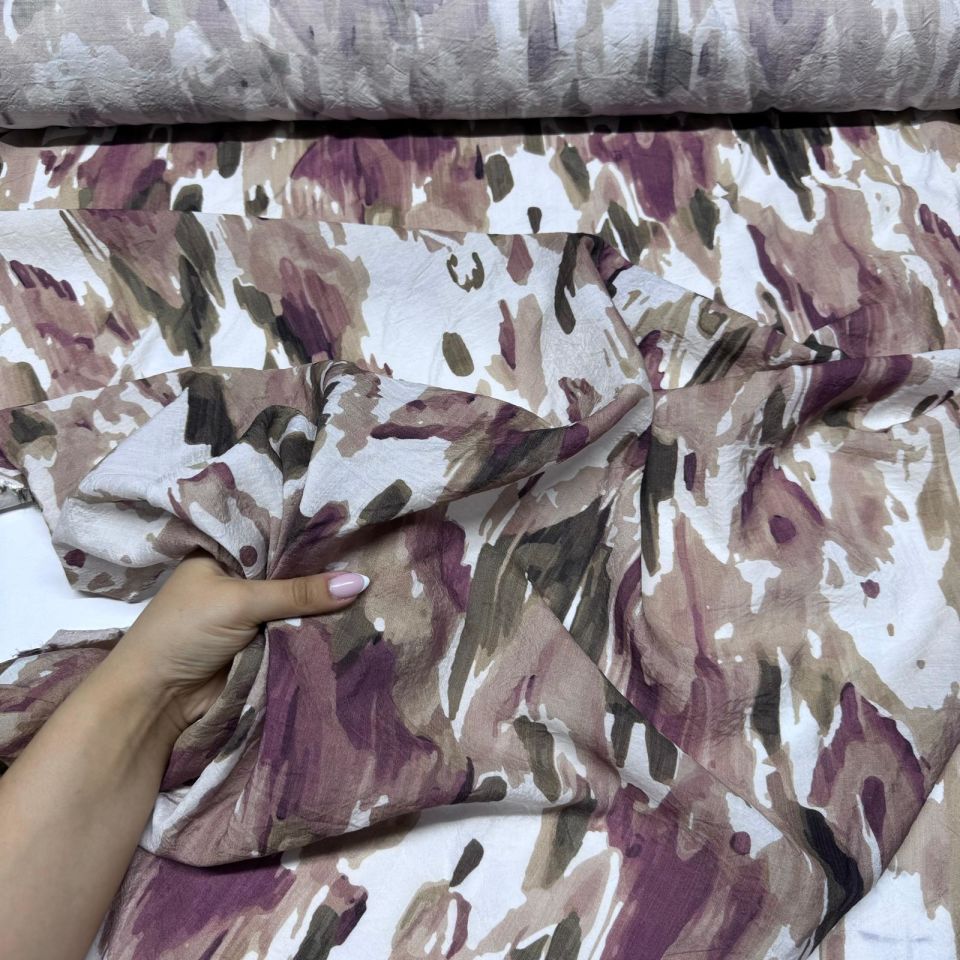 İpek Bambu Mango Şifon Kumaş Mürdüm Kahverengi Batik Desenli Çift En