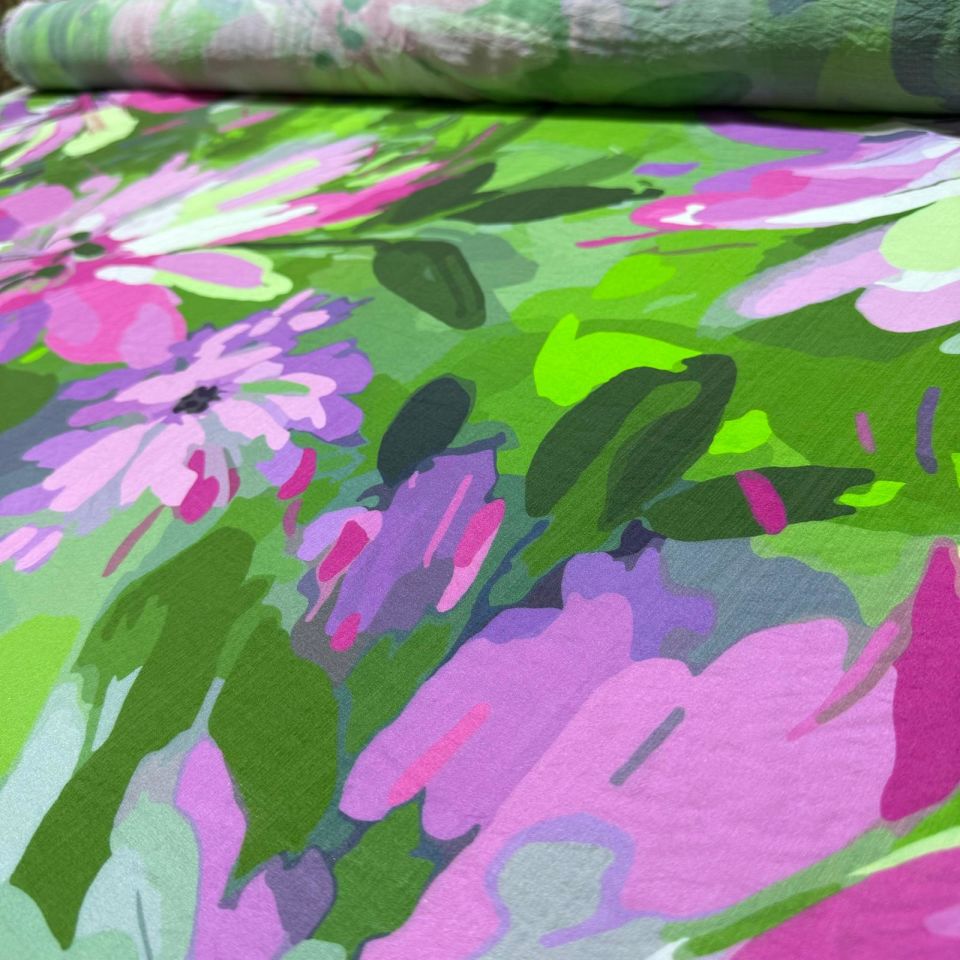 İpek Bambu Mango Şifon Kumaş Fıstık Yeşili Mor Renk Çiçek Desenli Çift En