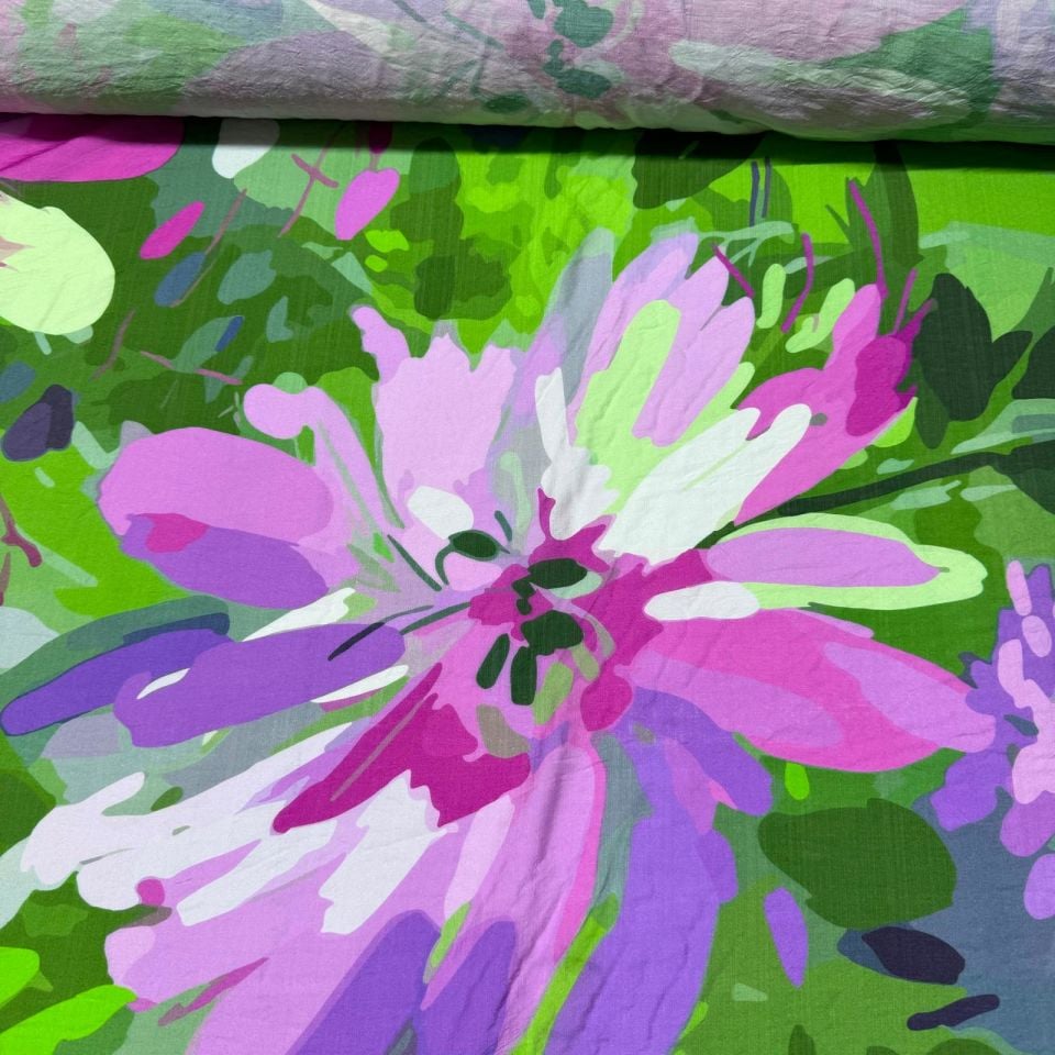 İpek Bambu Mango Şifon Kumaş Fıstık Yeşili Mor Renk Çiçek Desenli Çift En