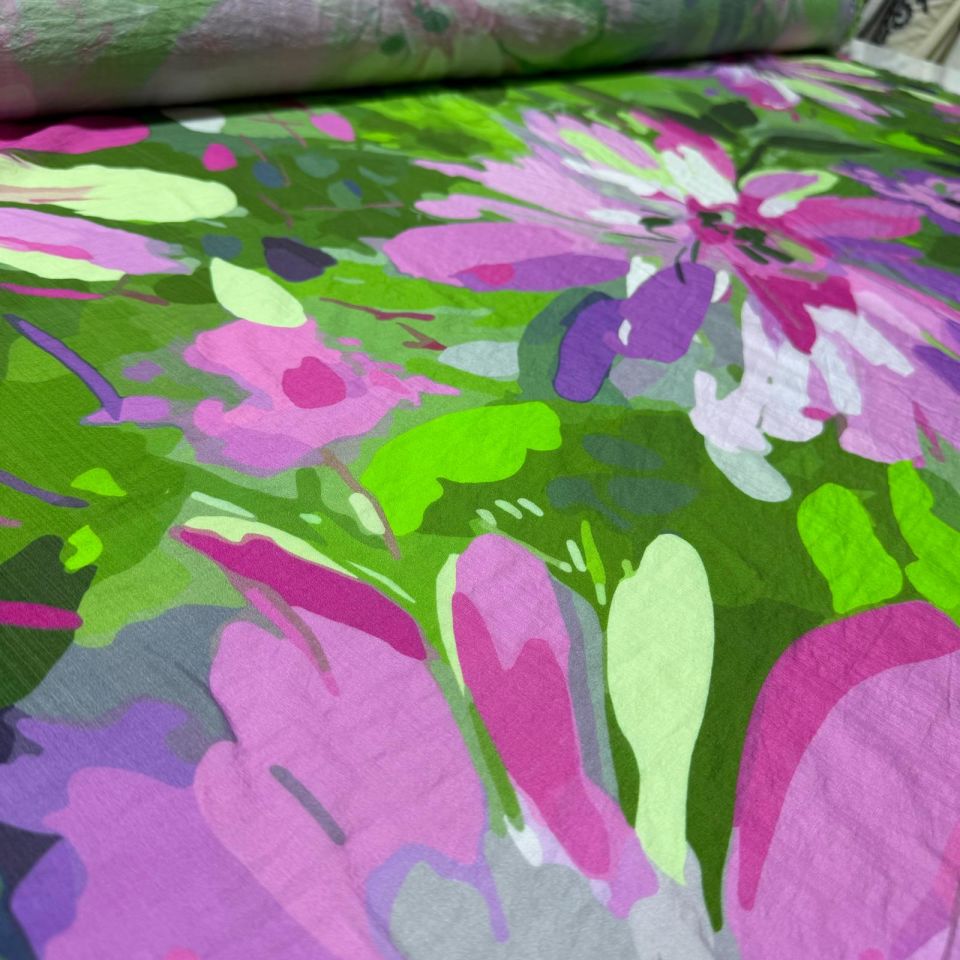 İpek Bambu Mango Şifon Kumaş Fıstık Yeşili Mor Renk Çiçek Desenli Çift En