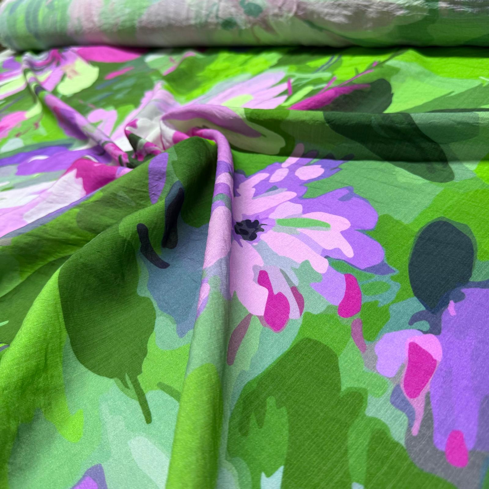 İpek Bambu Mango Şifon Kumaş Fıstık Yeşili Mor Renk Çiçek Desenli Çift En