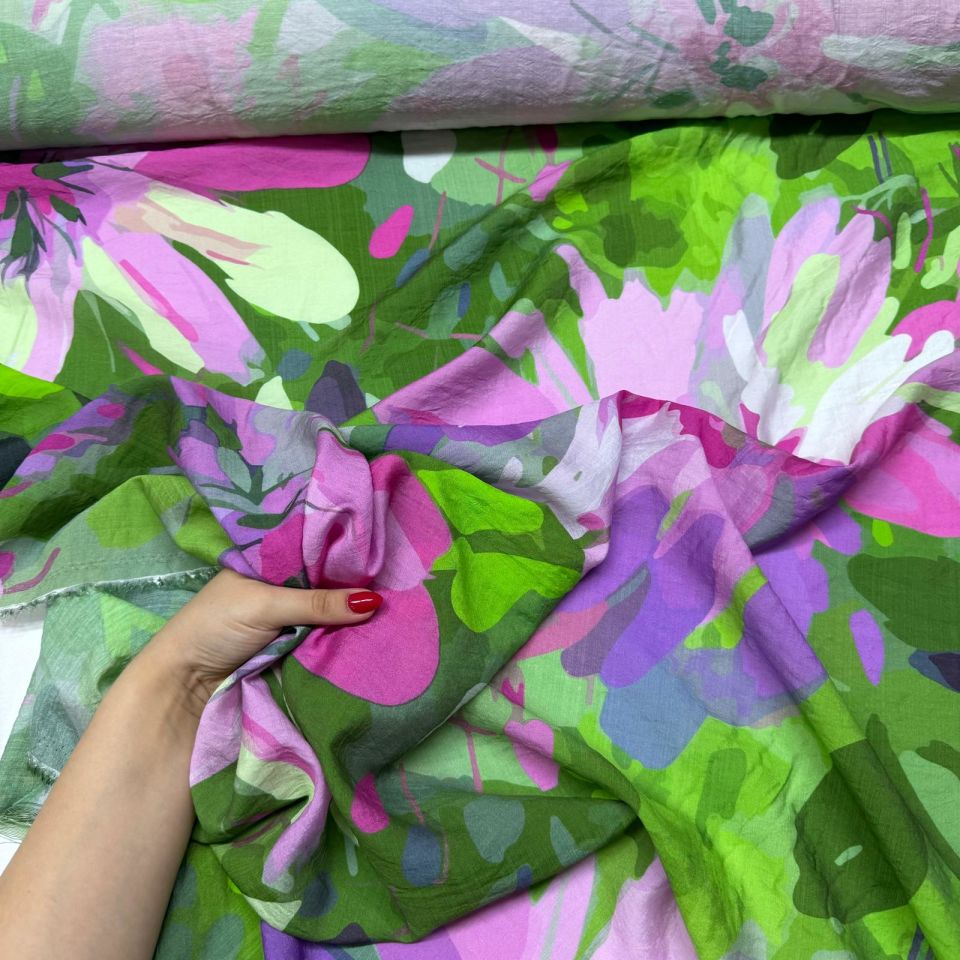 İpek Bambu Mango Şifon Kumaş Fıstık Yeşili Mor Renk Çiçek Desenli Çift En