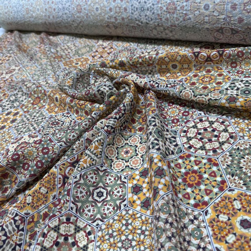 İpek Bambu Mango Şifon Kumaş Etnik Desenli Çift En