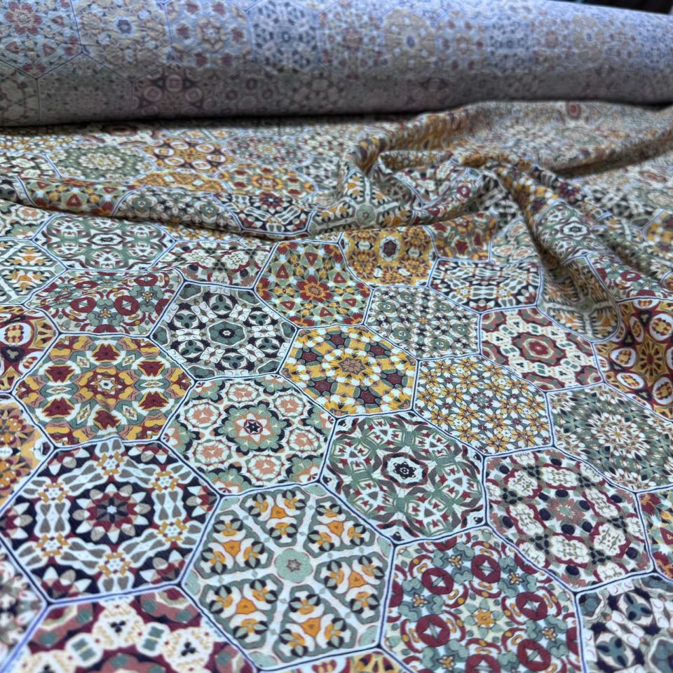 İpek Bambu Mango Şifon Kumaş Etnik Desenli Çift En