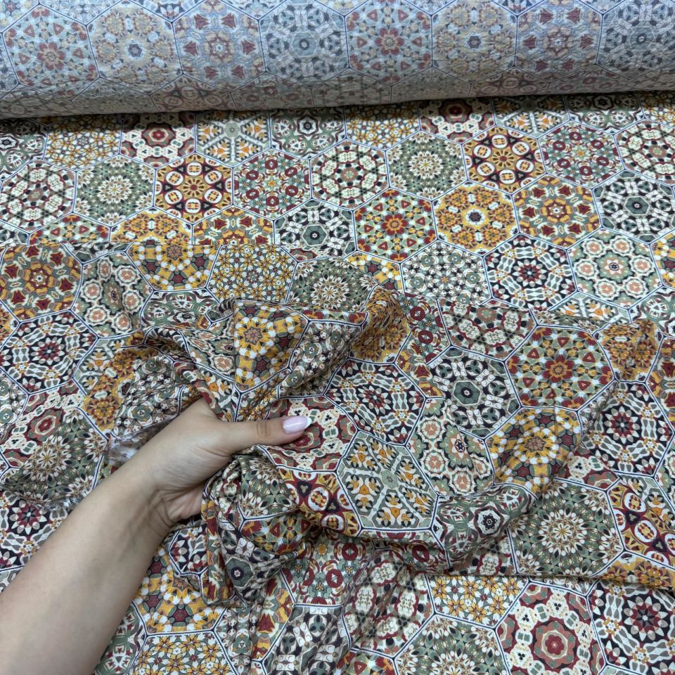 İpek Bambu Mango Şifon Kumaş Etnik Desenli Çift En