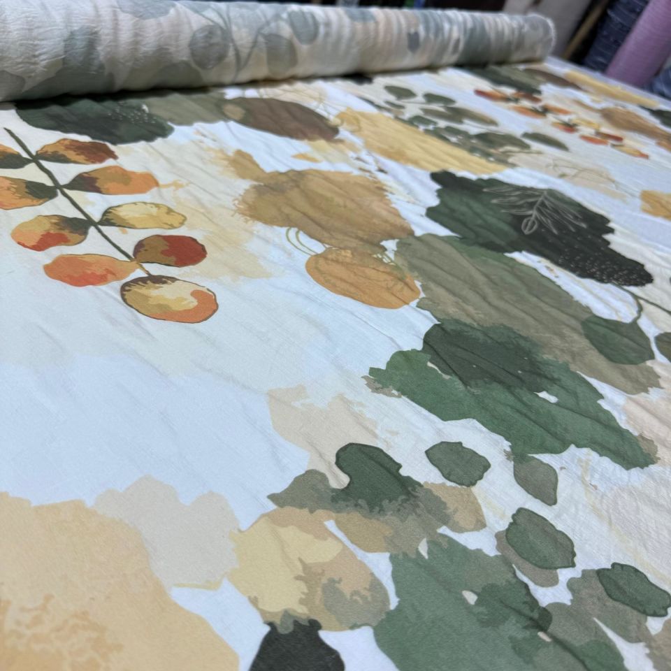 İpek Bambu Mango Şifon Kumaş Haki Gold Desenli Çift En