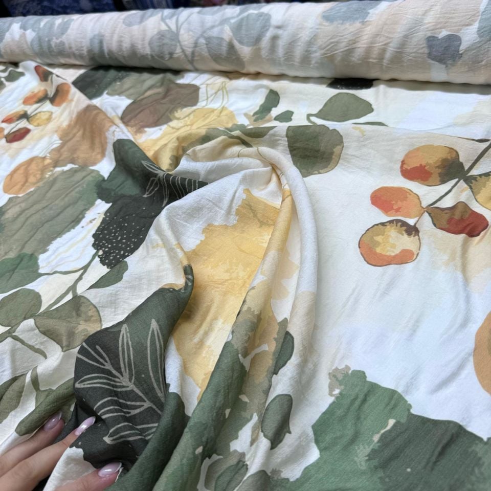 İpek Bambu Mango Şifon Kumaş Haki Gold Desenli Çift En