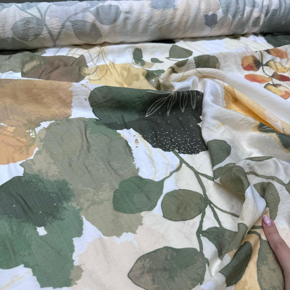 İpek Bambu Mango Şifon Kumaş Haki Gold Desenli Çift En