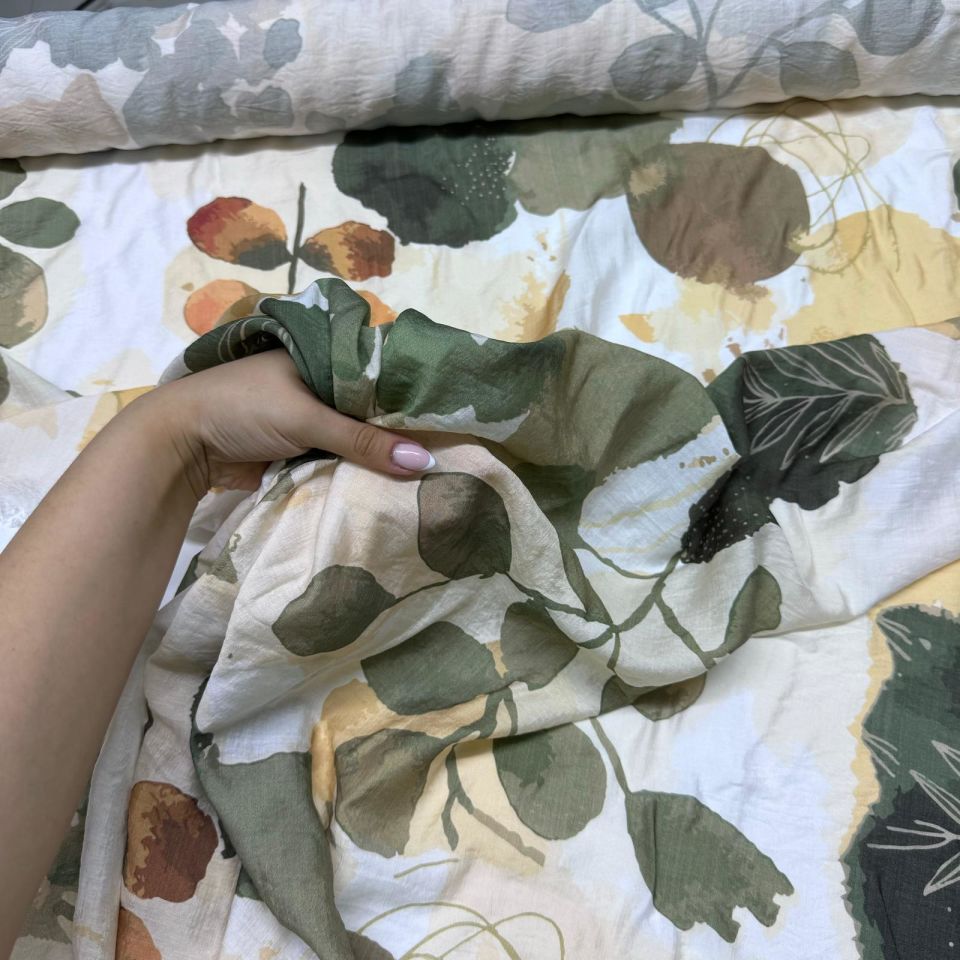 İpek Bambu Mango Şifon Kumaş Haki Gold Desenli Çift En