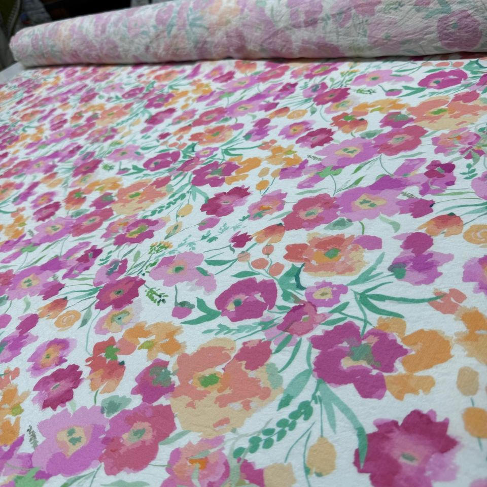 İpek Bambu Mango Şifon Kumaş Çiçek Desenli Emprime Pembe Turuncu Renk Çift En