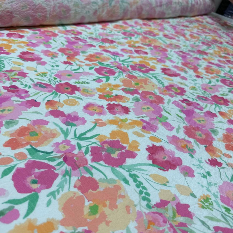 İpek Bambu Mango Şifon Kumaş Çiçek Desenli Emprime Pembe Turuncu Renk Çift En