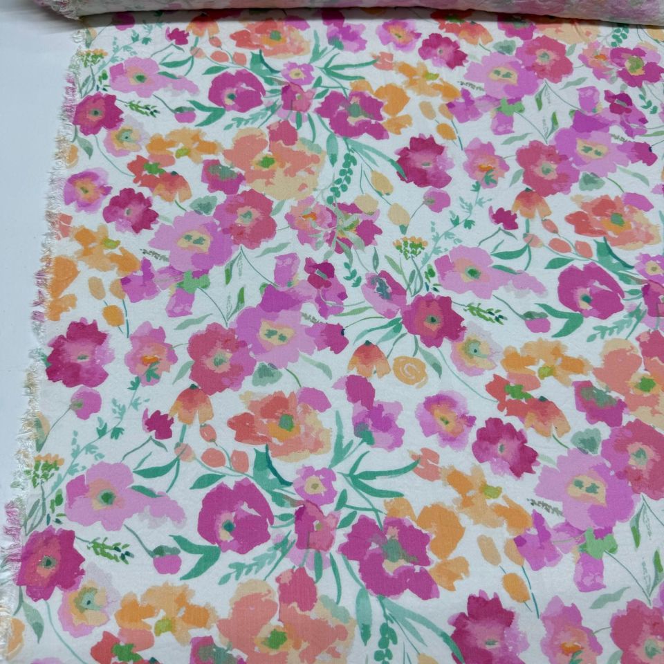 İpek Bambu Mango Şifon Kumaş Çiçek Desenli Emprime Pembe Turuncu Renk Çift En