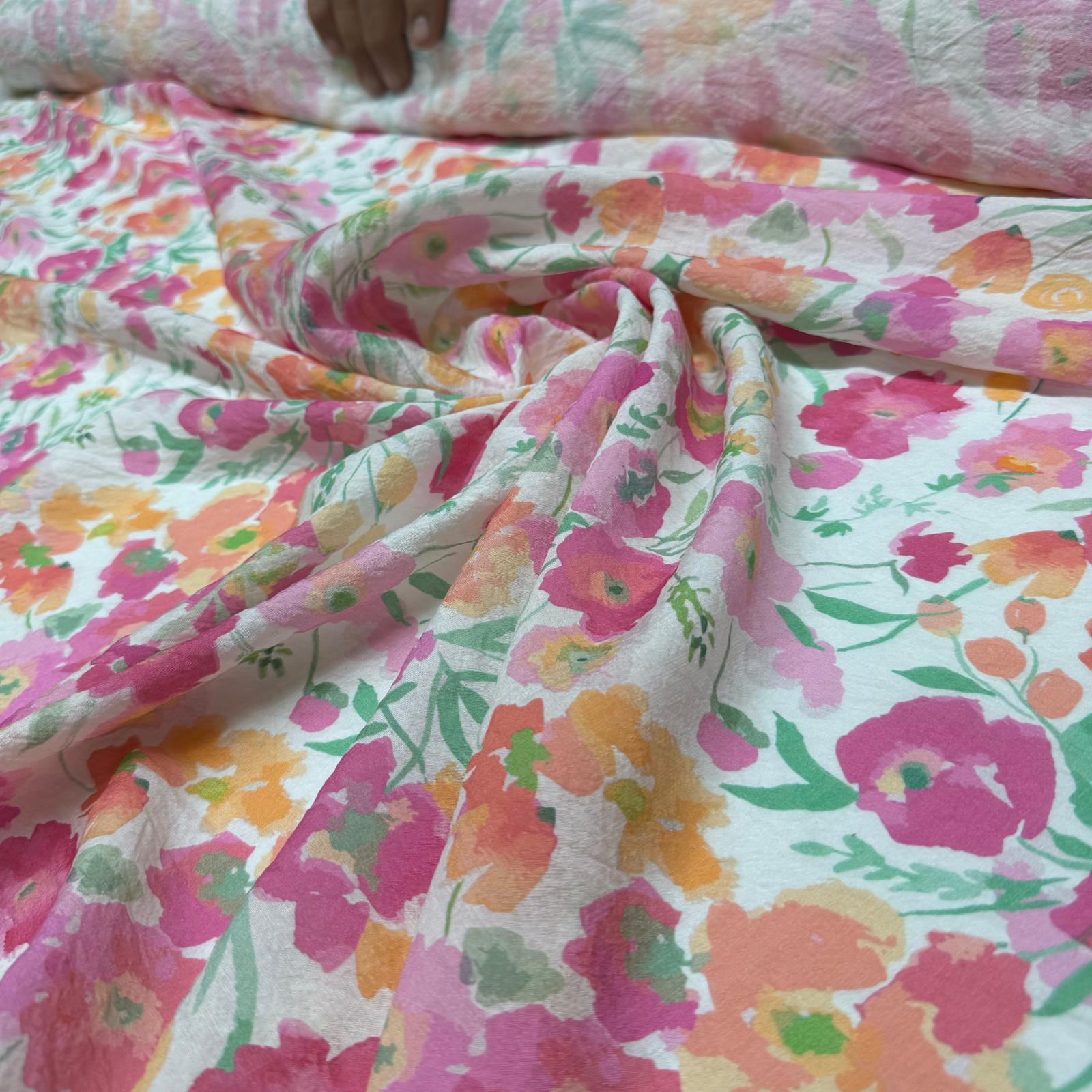 İpek Bambu Mango Şifon Kumaş Çiçek Desenli Emprime Pembe Turuncu Renk Çift En