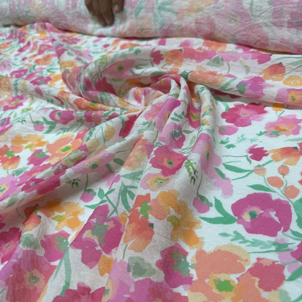 İpek Bambu Mango Şifon Kumaş Çiçek Desenli Emprime Pembe Turuncu Renk Çift En