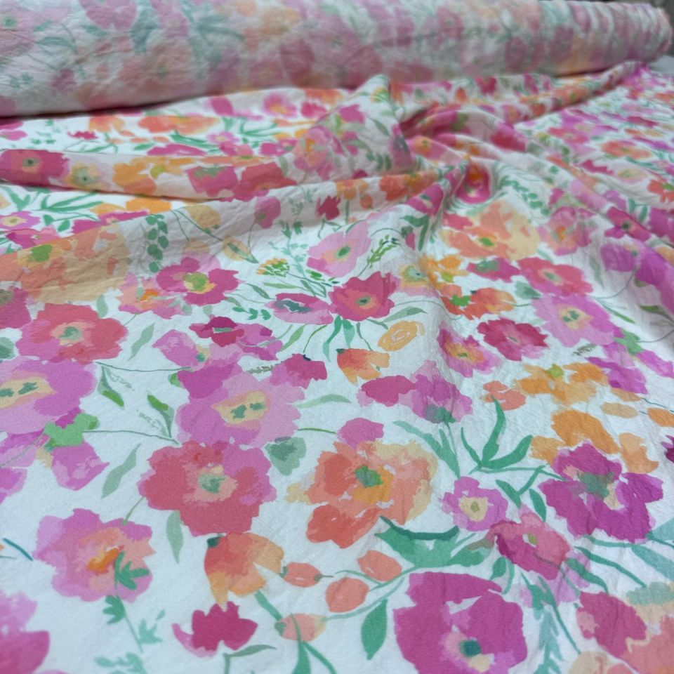 İpek Bambu Mango Şifon Kumaş Çiçek Desenli Emprime Pembe Turuncu Renk Çift En