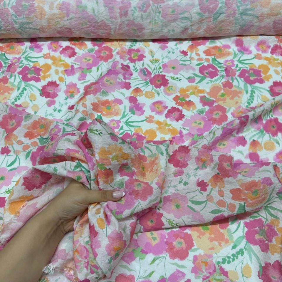 İpek Bambu Mango Şifon Kumaş Çiçek Desenli Emprime Pembe Turuncu Renk Çift En