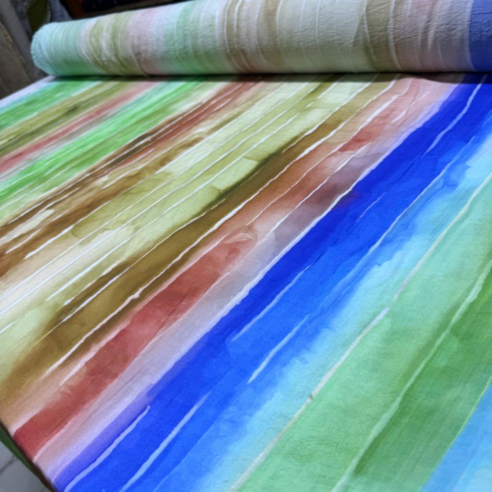 İpek Bambu Mango Şifon Kumaş Boyuna Çizgi Desenli Çok Renkli Çift En