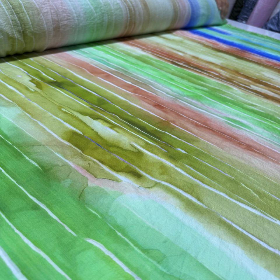 İpek Bambu Mango Şifon Kumaş Boyuna Çizgi Desenli Çok Renkli Çift En