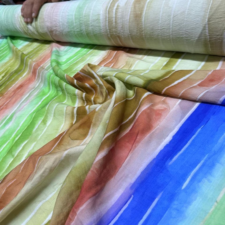 İpek Bambu Mango Şifon Kumaş Boyuna Çizgi Desenli Çok Renkli Çift En