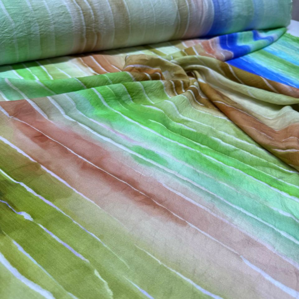 İpek Bambu Mango Şifon Kumaş Boyuna Çizgi Desenli Çok Renkli Çift En