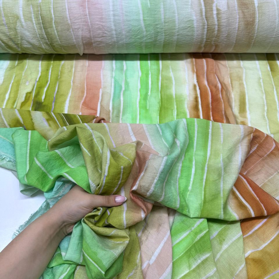 İpek Bambu Mango Şifon Kumaş Boyuna Çizgi Desenli Çok Renkli Çift En