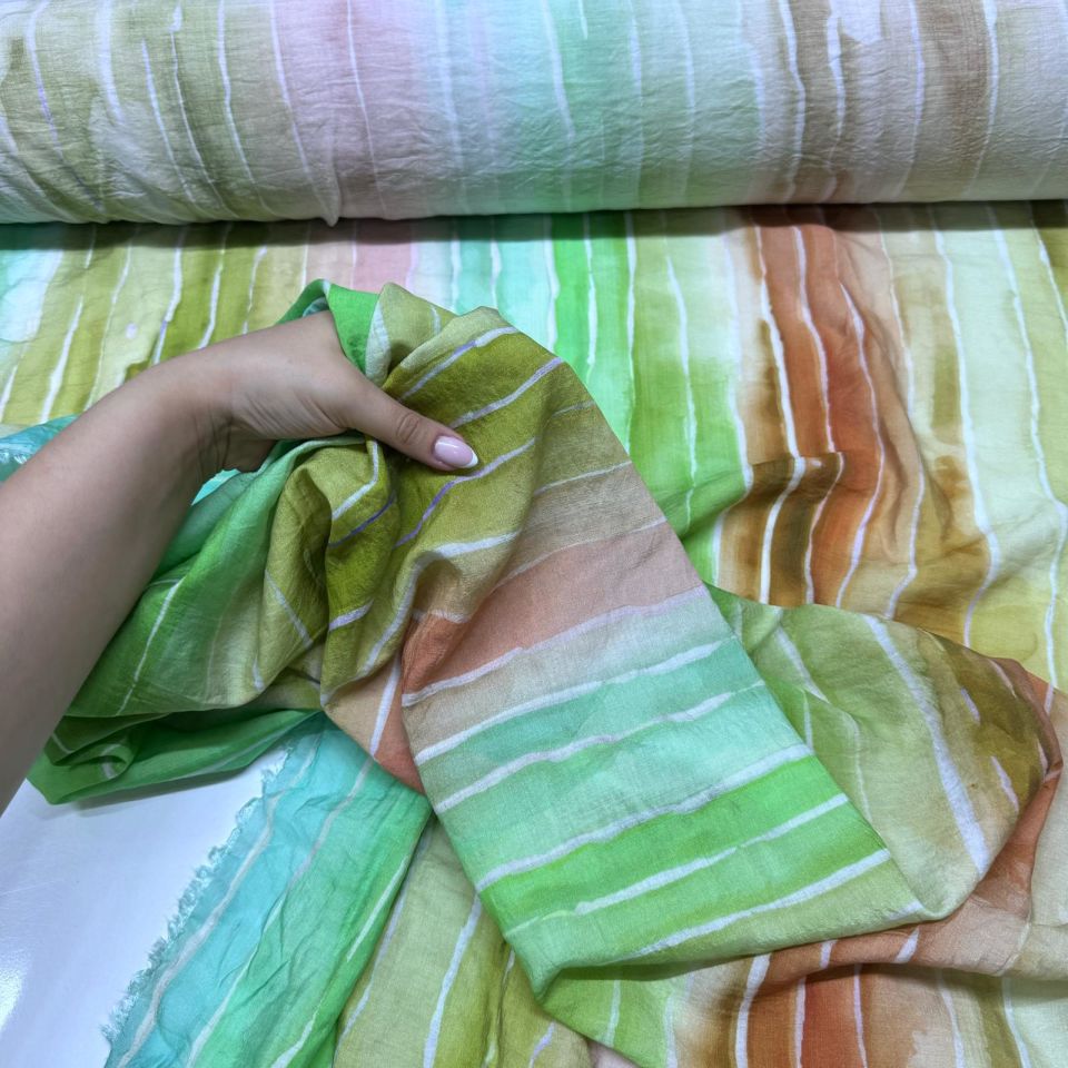 İpek Bambu Mango Şifon Kumaş Boyuna Çizgi Desenli Çok Renkli Çift En