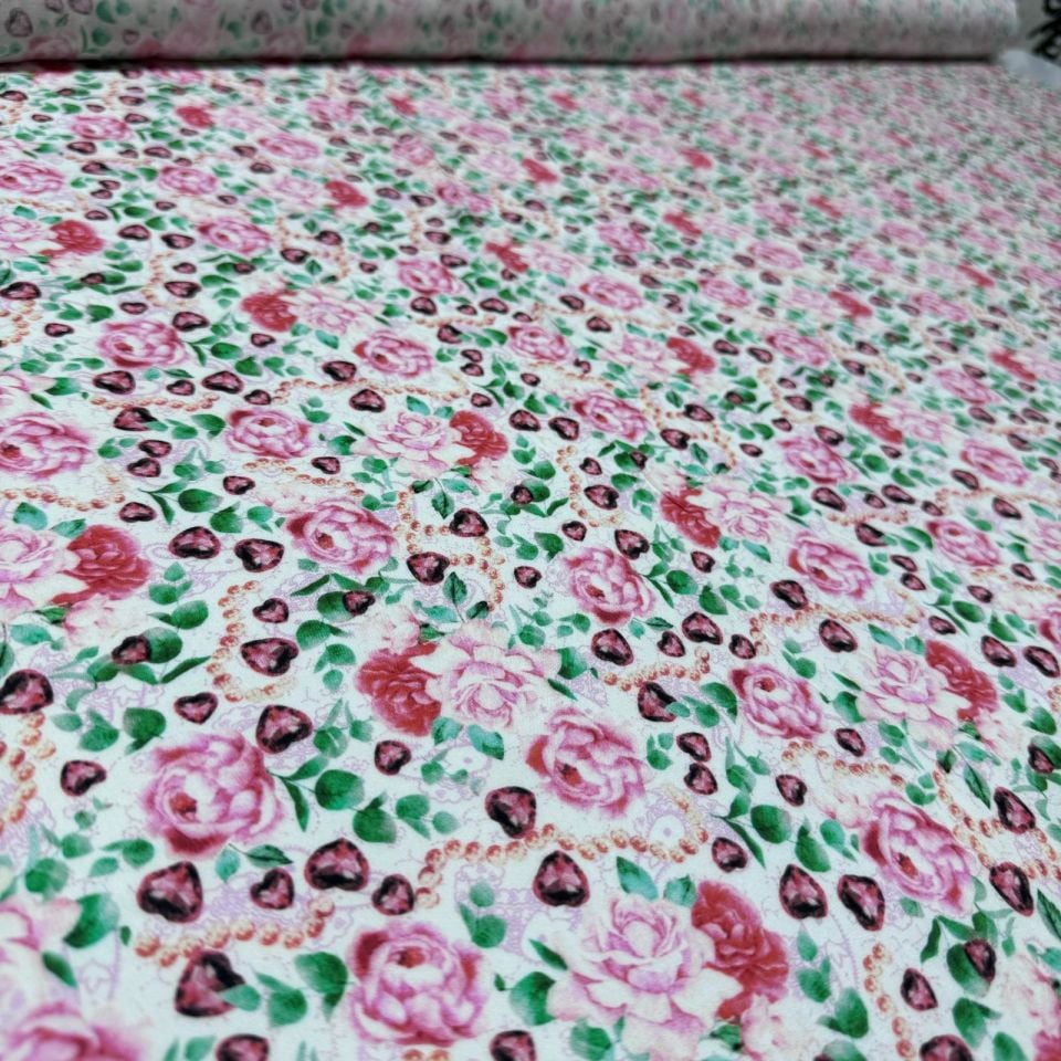 İpek Bambu Mango Şifon Kumaş Çiçek Desenli Çift En Pembe Renk